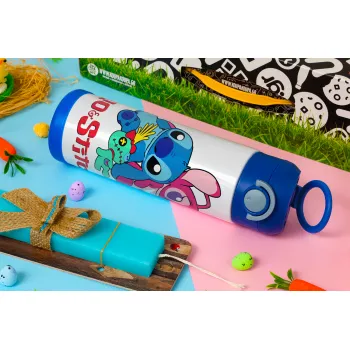 Lilo & Stitch, Πασχαλινή Λαμπάδα με Παιδικό παγούρι θερμό, ανοξείδωτο, με καλαμάκι ασφαλείας, ΜΠΛΕ (500ml)