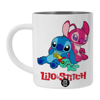 Lilo & Stitch, Λευκή Ανοξείδωτη Μεταλλική Κούπα 450ml - Διπλού Τοιχώματος 