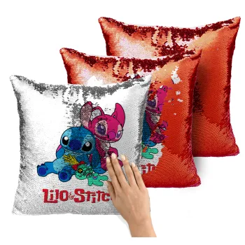 Lilo & Stitch, Μαξιλάρι καναπέ Μαγικό Κόκκινο με πούλιες 40x40cm περιέχεται το γέμισμα
