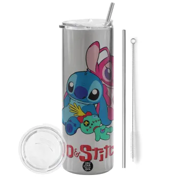 Lilo & Stitch, Tumbler stainless steel Silver 600ml, with metal straw & cleaning brush