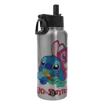 Lilo & Stitch, Μεταλλικό παγούρι θερμός Silver με καλαμάκι και χερούλι (Stainless steel), διπλού τοιχώματος, 950ml