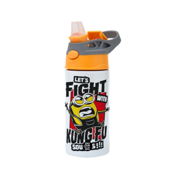 Minions Let's fight with kung fu sounds, Παιδικό παγούρι θερμό, ανοξείδωτο, με καλαμάκι ασφαλείας, Πορτοκαλί/Γκρι (360ml) BPA-FREE