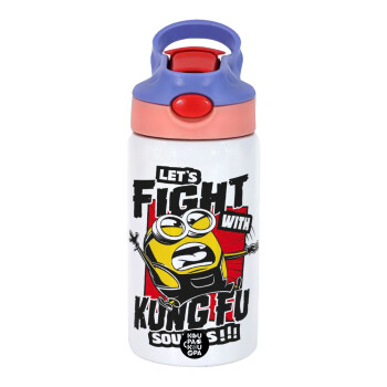 Minions Let's fight with kung fu sounds, Children's hot water bottle, stainless steel, with safety straw, pink/purple (350ml)