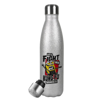 Minions Let's fight with kung fu sounds, Μεταλλικό παγούρι θερμός Glitter Aσημένιο (Stainless steel), διπλού τοιχώματος, 500ml