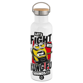 Minions Let's fight with kung fu sounds, Stainless steel White with wooden lid (bamboo), double wall, 750ml