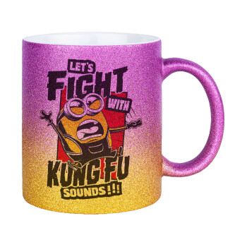 Minions Let's fight with kung fu sounds, Κούπα Χρυσή/Ροζ Glitter, κεραμική, 330ml