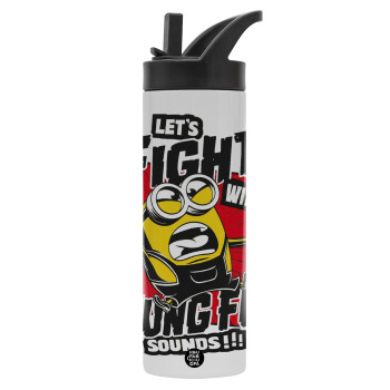 Minions Let's fight with kung fu sounds, Μεταλλικό παγούρι θερμός με καλαμάκι & χειρολαβή, ανοξείδωτο ατσάλι (Stainless steel 304), διπλού τοιχώματος, 600ml