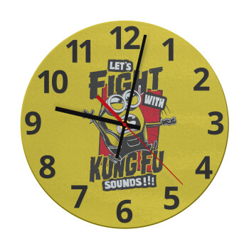 Minions Let's fight with kung fu sounds, Ρολόι τοίχου γυάλινο (30cm)