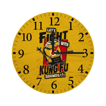 Minions Let's fight with kung fu sounds, Ρολόι τοίχου ξύλινο plywood (20cm)