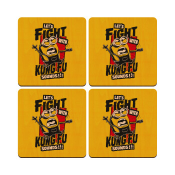 Minions Let's fight with kung fu sounds, ΣΕΤ x4 Σουβέρ ξύλινα τετράγωνα plywood (9cm)