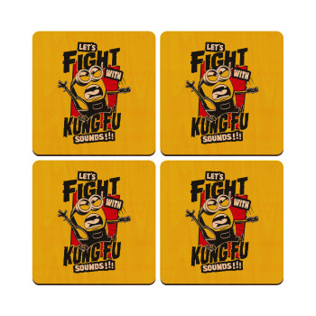 Minions Let's fight with kung fu sounds, ΣΕΤ x4 Σουβέρ ξύλινα τετράγωνα plywood (9cm)