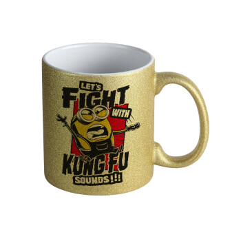 Minions Let's fight with kung fu sounds, Κούπα Χρυσή Glitter που γυαλίζει, κεραμική, 330ml