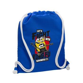 Minions Let's fight with kung fu sounds, Backpack pouch GYMBAG Blue, with pocket (40x48cm) & thick cords