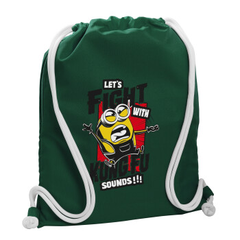 Minions Let's fight with kung fu sounds, Τσάντα πλάτης πουγκί GYMBAG BOTTLE GREEN, με τσέπη (40x48cm) & χονδρά λευκά κορδόνια