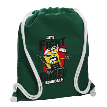 Minions Let's fight with kung fu sounds, Backpack pouch GYMBAG BOTTLE GREEN, with pocket (40x48cm) & thick white cords