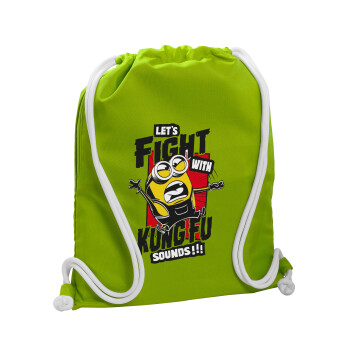 Minions Let's fight with kung fu sounds, Τσάντα πλάτης πουγκί GYMBAG LIME GREEN, με τσέπη (40x48cm) & χονδρά κορδόνια