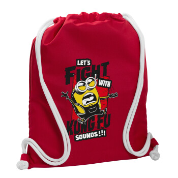 Minions Let's fight with kung fu sounds, Τσάντα πλάτης πουγκί GYMBAG Κόκκινη, με τσέπη (40x48cm) & χονδρά κορδόνια