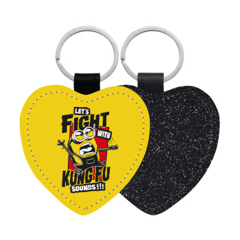 Minions Let's fight with kung fu sounds, Μπρελόκ PU δερμάτινο glitter καρδιά ΜΑΥΡΟ