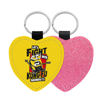 Minions Let's fight with kung fu sounds, Μπρελόκ PU δερμάτινο glitter καρδιά ΡΟΖ