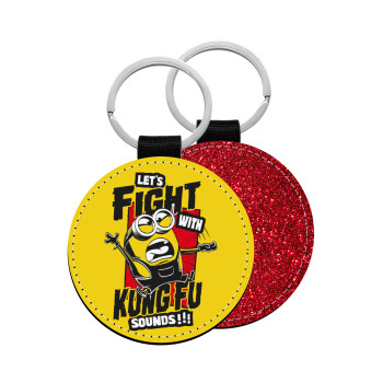 Minions Let's fight with kung fu sounds, Μπρελόκ Δερματίνη, στρογγυλό ΚΟΚΚΙΝΟ (5cm)