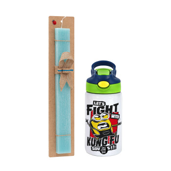 Minions Let's fight with kung fu sounds, Easter Set, Children's thermal stainless steel bottle with safety straw, green/blue (350ml) & aromatic flat Easter candle (30cm) (TURQUOISE)