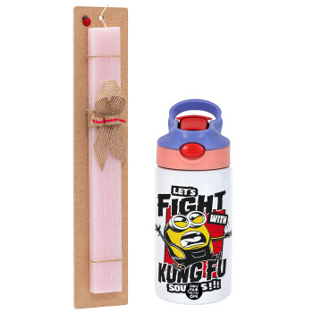 Minions Let's fight with kung fu sounds, Easter Set, Children's thermal stainless steel water bottle with safety straw, pink/purple (350ml) & Easter scented flat candle (30cm) (PINK)