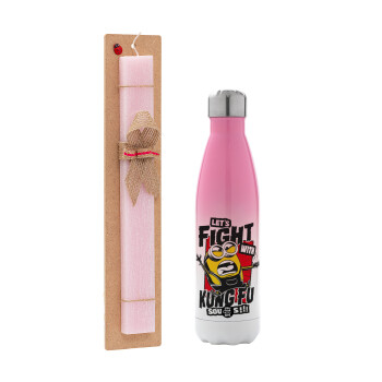 Minions Let's fight with kung fu sounds, Easter Set, Metallic pink/white (Stainless steel) thermos, double-walled, 500ml & aromatic flat Easter candle (30cm) (PINK)