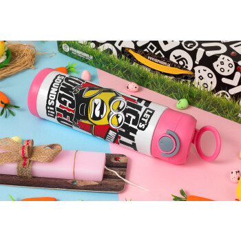 Minions Let's fight with kung fu sounds, Πασχαλινή Λαμπάδα με Παιδικό παγούρι θερμό, ανοξείδωτο, με καλαμάκι ασφαλείας, ΡΟΖ (500ml)