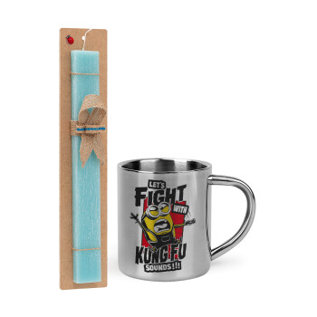 Minions Let's fight with kung fu sounds, Easter Set, metallic thermal cup (300ml) & aromatic flat Easter candle (30cm) (TURQUOISE)