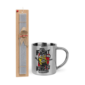 Minions Let's fight with kung fu sounds, Easter Set, metallic thermal cup (300ml) & Easter aromatic flat candle (30cm) (GRAY)