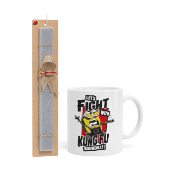 Minions Let's fight with kung fu sounds, Easter Set, Ceramic Cup (330ml) & Easter aromatic flat candle (30cm) (GRAY)