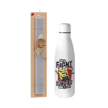 Minions Let's fight with kung fu sounds, Easter Set, metallic stainless thermos bottle (500ml) & scented flat Easter candle (30cm) (GRAY)