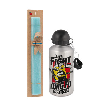 Minions Let's fight with kung fu sounds, Easter Set, metallic silver aluminum water bottle (500ml) & scented flat Easter candle (30cm) (TURQUOISE)