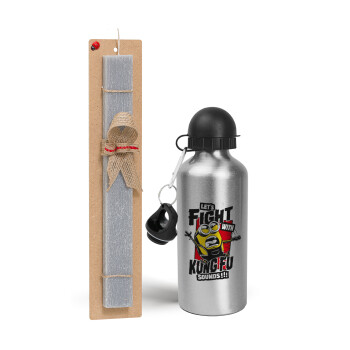 Minions Let's fight with kung fu sounds, Easter Set, metallic silver aluminum water bottle (500ml) & aromatic flat Easter candle (30cm) (GRAY)