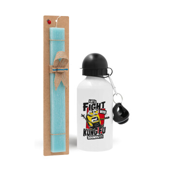 Minions Let's fight with kung fu sounds, Easter Set, metallic aluminum water bottle (500ml) & scented flat candle (30cm) (TURQUOISE)