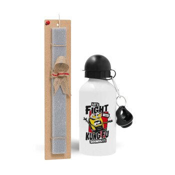 Minions Let's fight with kung fu sounds, Easter Set, metallic aluminum water bottle (500ml) & aromatic flat Easter candle (30cm) (GRAY)