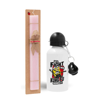 Minions Let's fight with kung fu sounds, Easter Set, metallic aluminum bottle (500ml) & aromatic flat Easter candle (30cm) (PINK)