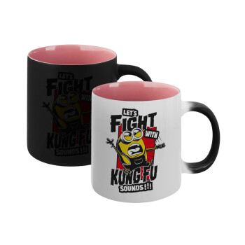 Minions Let's fight with kung fu sounds, Κούπα Μαγική εσωτερικό ΡΟΖ, κεραμική 330ml που αλλάζει χρώμα με το ζεστό ρόφημα