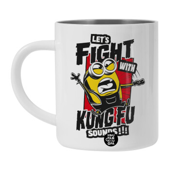 Minions Let's fight with kung fu sounds, Λευκή Ανοξείδωτη Μεταλλική Κούπα 450ml - Διπλού Τοιχώματος 
