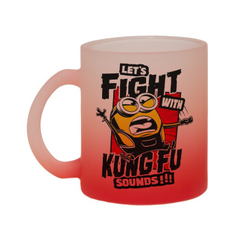 Minions Let's fight with kung fu sounds, Κούπα γυάλινη δίχρωμη με βάση το κόκκινο ματ, 330ml
