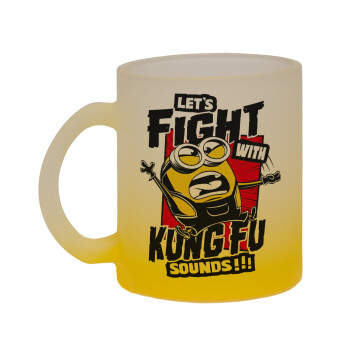 Minions Let's fight with kung fu sounds, Κούπα γυάλινη δίχρωμη με βάση το κίτρινο ματ, 330ml