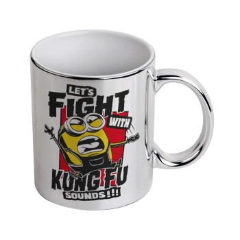 Minions Let's fight with kung fu sounds, Κούπα κεραμική, ασημένια καθρέπτης, 330ml