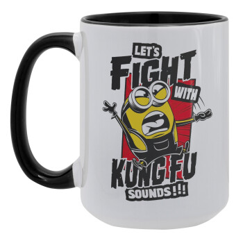 Minions Let's fight with kung fu sounds, Κούπα Mega 15oz, κεραμική Μαύρη, 450ml
