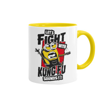 Minions Let's fight with kung fu sounds, Κούπα χρωματιστή κίτρινη, κεραμική, 330ml