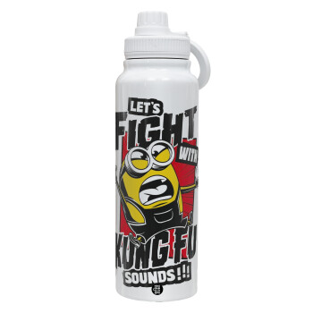 Minions Let's fight with kung fu sounds, 1L Stainless Steel Thermal Bottle with Phone Holder & Double Wall Insulation