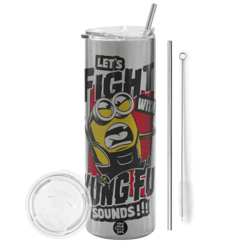 Minions Let's fight with kung fu sounds, Eco friendly stainless steel Silver tumbler 600ml, with metal straw & cleaning brush
