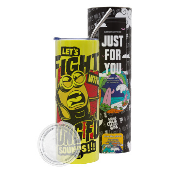 Minions Let's fight with kung fu sounds, Neon Yellow Travel Tumbler, with metal straw (Stainless steel 304 Food grade, BPA free, 600ml)