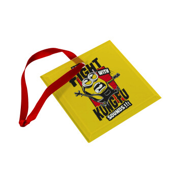 Minions Let's fight with kung fu sounds, Στολίδι Χριστουγεννιάτικο στολίδι γυάλινο τετράγωνο 9x9cm