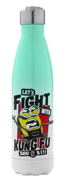 Minions Let's fight with kung fu sounds — Μεταλλικό παγούρι θερμός Πράσινο/Λευκό (Stainless steel), διπλού τοιχώματος, 500ml