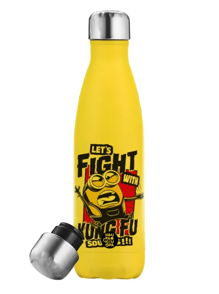 Minions Let's fight with kung fu sounds — Μεταλλικό παγούρι θερμός Κίτρινος (Stainless steel), διπλού τοιχώματος, 500ml